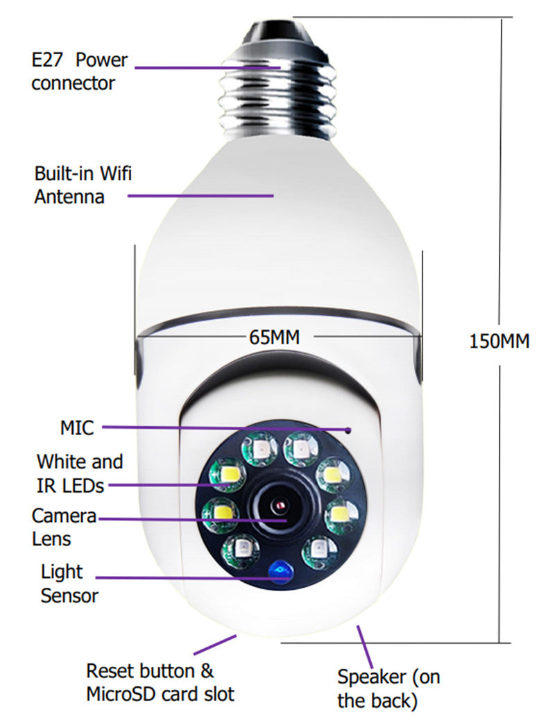 Caméra WiFi 1080P Ampoule Zoom 4X Caméra E27 Maison 5GWiFi Alarme Moniteur